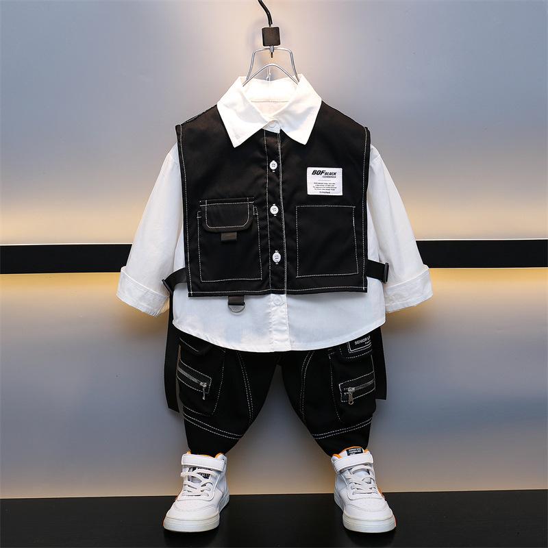 シャツ 男の子 キッズ 子供服 春秋 長袖 襟付き フェイクレイヤード 英字ロゴ 柔らかな肌触り 重ね着風 韓国風 カジュアル スタイリッシュ トップス セットアップ