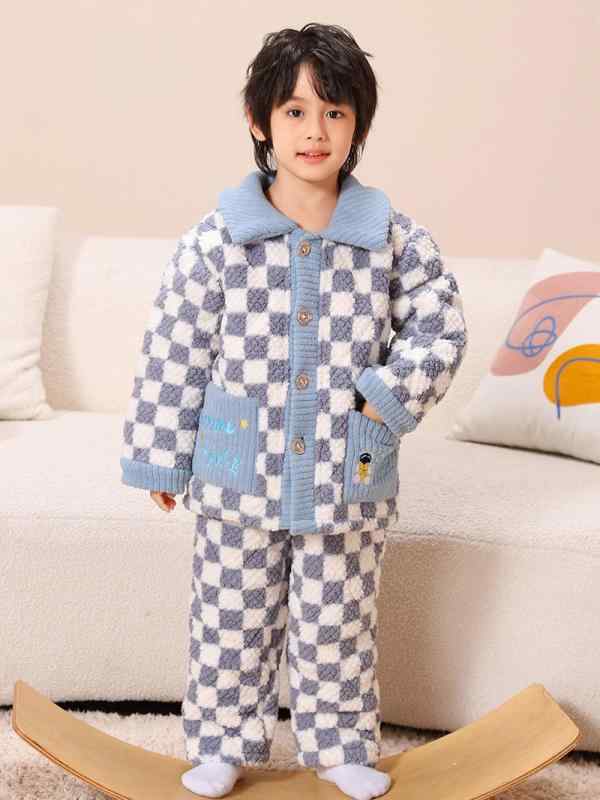 ルームウェア キッズ 男の子 ベビー 秋冬 サンゴフリース フランネル 裏起毛 厚手 3層中綿入り やわらか ポリエステル あったか 保温 パジャマ セットアップ シンプル かわいい