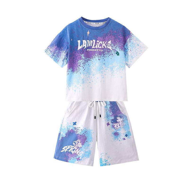 キッズ 女の子 ジュニア セットアップ 夏 スポーツ カジュアル 普段着 部屋着 薄手 軽量 グラデーション レタープリント ロゴプリント 半袖 ショートパンツ 綿 コットン 通学 お出かけ K-POP 韓国風 2点セット