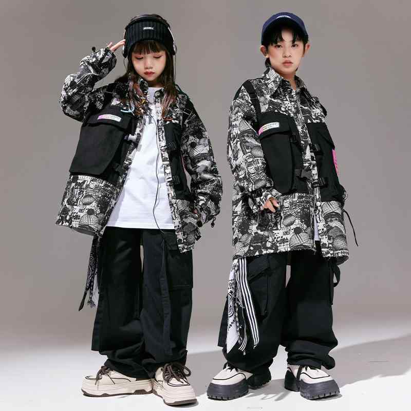 キッズダンス 衣装 男の子 女の子 男女兼用 ヒップホップ ストリート クール フェイクベスト ジャケット ワークパンツ 2点セット 春秋 綿素材 発表会 ステージ パフォーマンスウェア