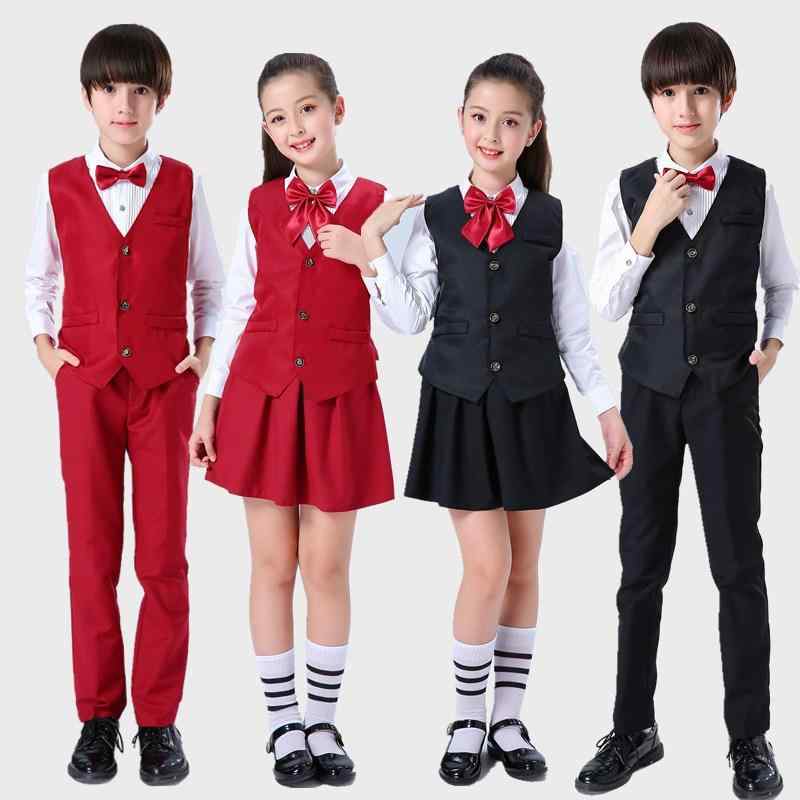 発表会衣装 キッズ ジュニア 男の子 女の子 小学生 中学生 合唱 演奏会 詩歌朗読 卒業式 入学式 フォーマルスーツ フォーマルドレス セットアップ 綿 学院風 レッド ブラック