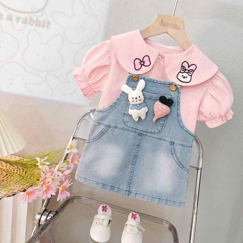 セットアップ キッズ 女の子 半袖 夏 デニム サロペットスカート おしゃれ かわいい ツーピース 薄手 綿素材 韓国ファッション キャラクター柄 お出かけ 普段着