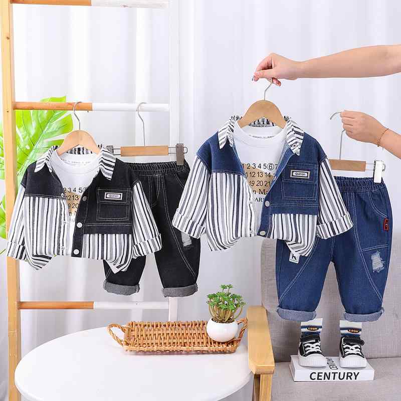 ベビー服 男の子 デニム セットアップ 長袖 3点セット ロングパンツ 綿 ストライプ柄 カジュアル 普段使い お出かけ着 春秋 柔らか 肌触り