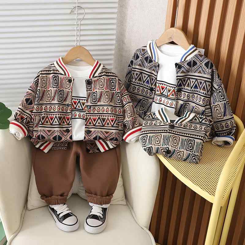 セットアップ 男の子 キッズ ベビー 春秋 民族風 エスニック 野球服 ベースボールウェア スタジャン 長袖 3点セット 綿素材 カジュアル 普段使い ストライプ柄 やわらか