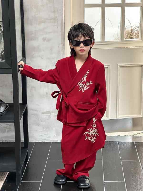 キッズ 男の子 スーツ セットアップ ジャケット 漢服風 竹の葉 刺繍 礼服 フォーマルウェア 入園式 卒園式 発表会 結婚式 七五三 ポリエステル製 ソフトタッチ 着心地快適 レッド 通年