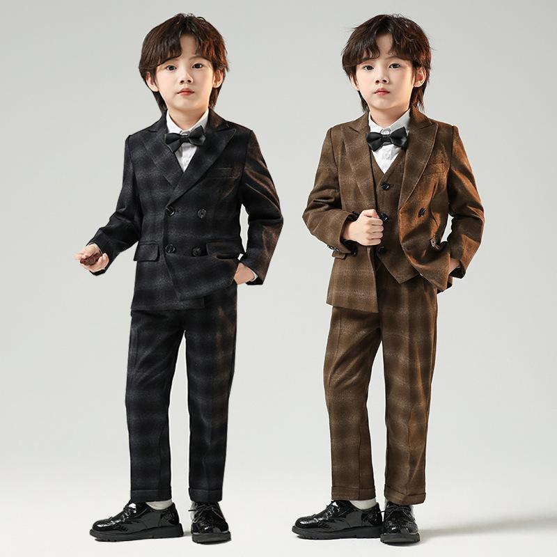 フォーマルスーツ 男の子 キッズ ボーイズ セットアップ ジャケット ベスト パンツ 上下セット 結婚式 発表会 演奏会 冠婚葬祭 セレモニー チェック柄 ダブルブレスト 春夏秋 ポリエステル