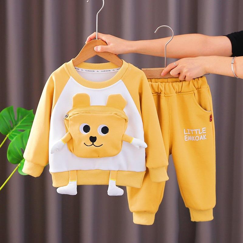 ベビー服 男の子 キッズ コットン 綿 プルオーバー かわいい キャラクター ポケット 長袖 スウェット トレーナー パンツ 2点セット セットアップ 普段着 お出かけ 春秋 イエロー グリーン 80cm 90cm 100cm