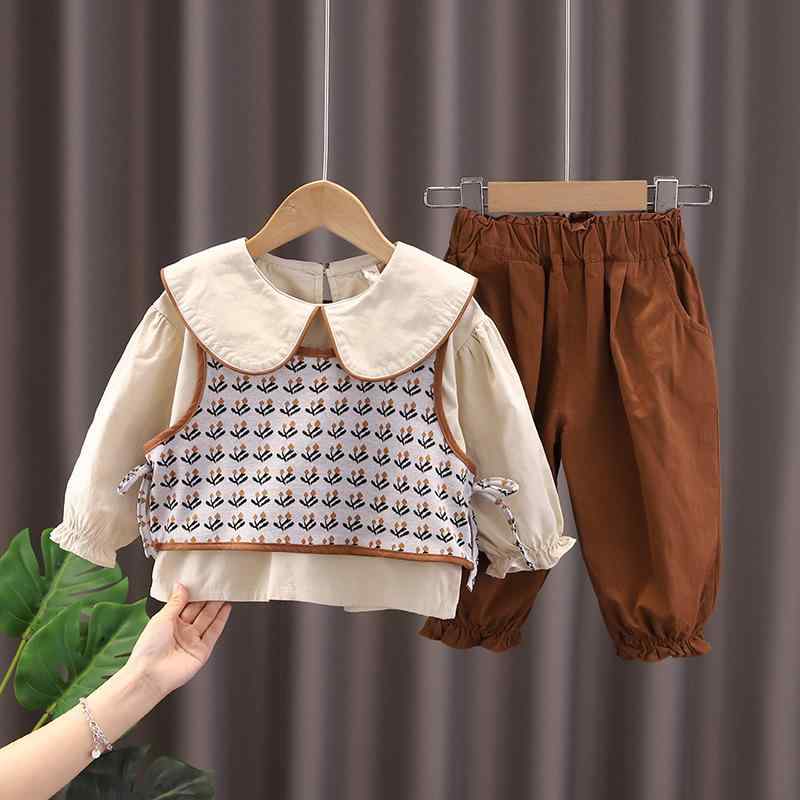 キッズ ガールズ セットアップ 1歳から5歳 ベビー 幼児服 春秋 小花柄プリント 長袖トップス ベスト 3点セット コットン カジュアル かわいい おしゃれ お出かけ着 カーキ