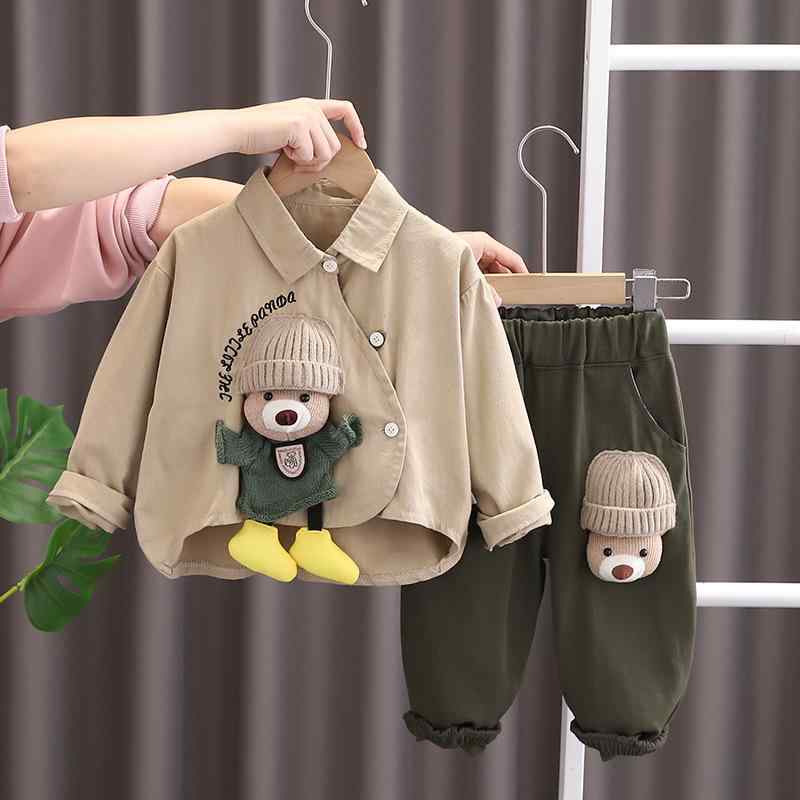 シャツ 男の子 キッズ 春秋 長袖 くま キャラクター 綿 コットン おしゃれ カジュアル スタイリッシュ パンツ 上下セット オフホワイト グリーン ブラウン