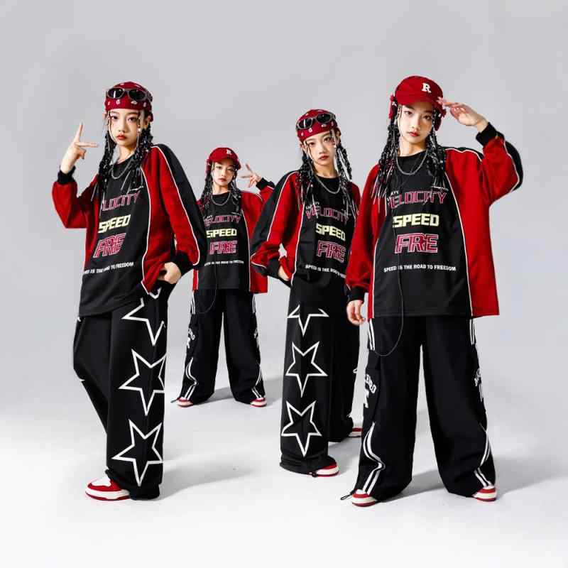 ストリートダンスウェア キッズ 男の子 女の子 子供用 ヒップホップ バイカー ロックテイスト セットアップ 上下セット 長袖 長ズボン 発表会 ダンスレッスン パフォーマンス ポリエステル素材 レッド ブラック 春秋