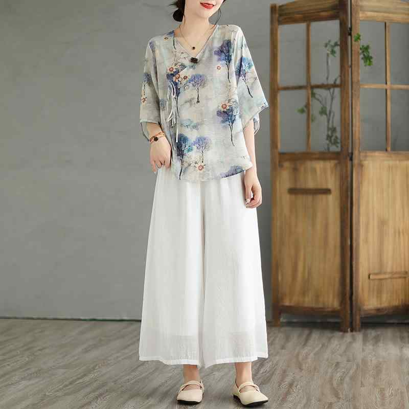 セットアップ レディース ゆったり 大きいサイズ 新チャイナ風 レトロモダン 漢服風 チャイナドレス風 アクリル 薄手 花柄 フリルネック 九分袖 花びらスリーブ 普段使い 夏