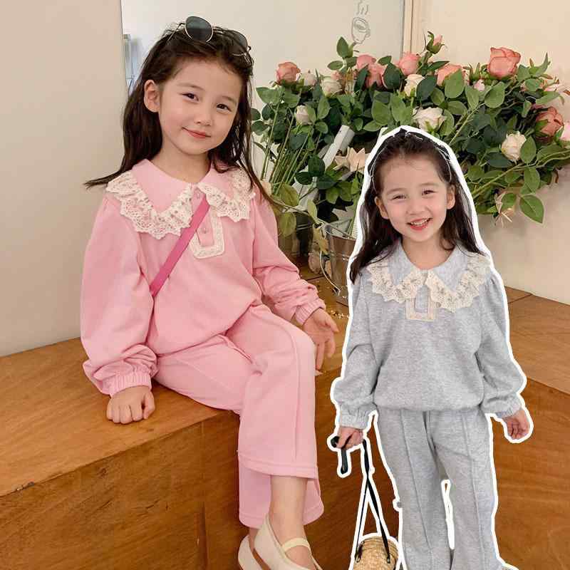 キッズ 女の子 ガールズ セットアップ 上下セット ツーピース スウェット トレーナー トップス 秋 韓国風 おしゃれ かわいい カジュアル 普段着 長袖 長ズボン 綿 ピンク グレー 2点セット