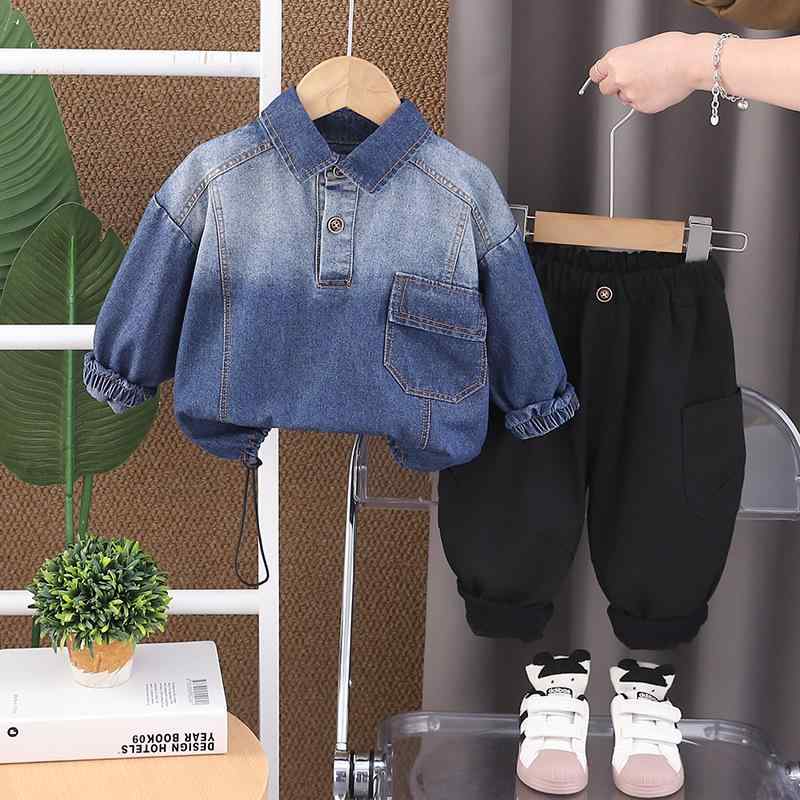 セットアップ 男の子 男児 キッズ 子供 襟付き 長袖 デニム 上下セット 春秋 カジュアル お洒落 パンツセット 通園 通学 お出かけ 普段使い 綿 ソフト加工