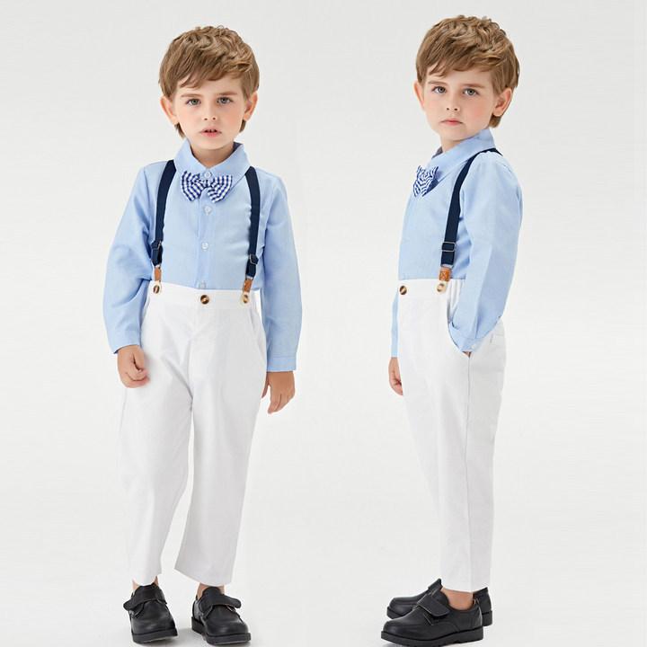 子供服 男の子 長袖シャツ サスペンダー付きパンツ パンツセットアップ 発表会 誕生日 フォーマル セレモニー コットンブレンド 韓国風 かわいい ブルー系 ネイビー 春秋