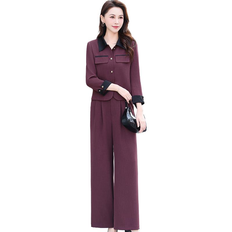 パンツスーツ レディース ミセス 長袖トップス ワイドパンツ 上下セット ツーピース 春夏 おしゃれ エレガント 上品 ゆったり 体型カバー ポリエステル ワインレッド パープル系｜あじゅり
