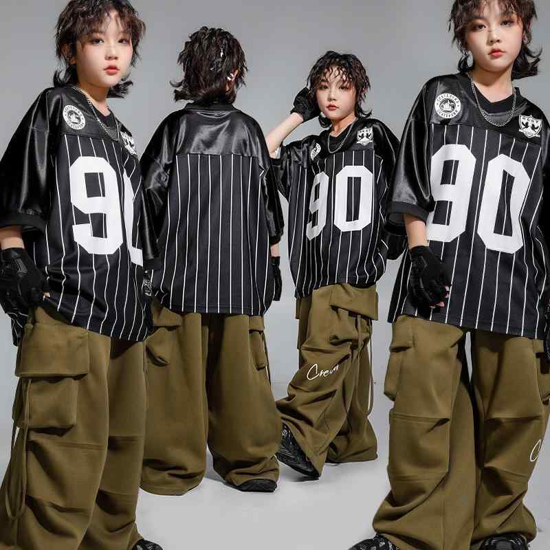 ダンス衣装 キッズ 男の子 ヒップホップ ストリートスタイル ストライプ柄 シャツ トップス セットアップ ゆったり ルーズ 発表会 練習着 イベント ステージ衣装 かっこいい おしゃれ 春夏