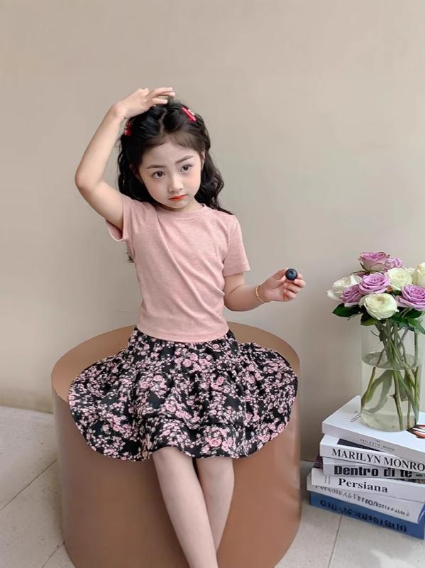 セット キッズ 女の子 ガールズ 春夏 半袖Tシャツ トップス 花柄 小花柄 フレアスカート ツーピース 韓国風 かわいい カジュアル 普段使い お出かけ リゾート 綿 コットン ピンク やわらか