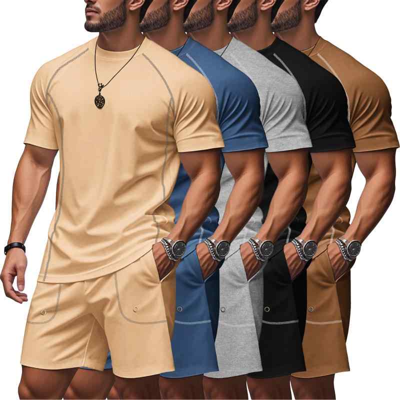 メンズ セットアップ 男性用 夏 ゆったり ルーズフィット カジュアル スポーツ アクティブ 軽量 薄手 伸縮性 速乾 吸湿速乾 ラグランスリーブ 半袖 ショートパンツ ハーフパンツ 上下セット