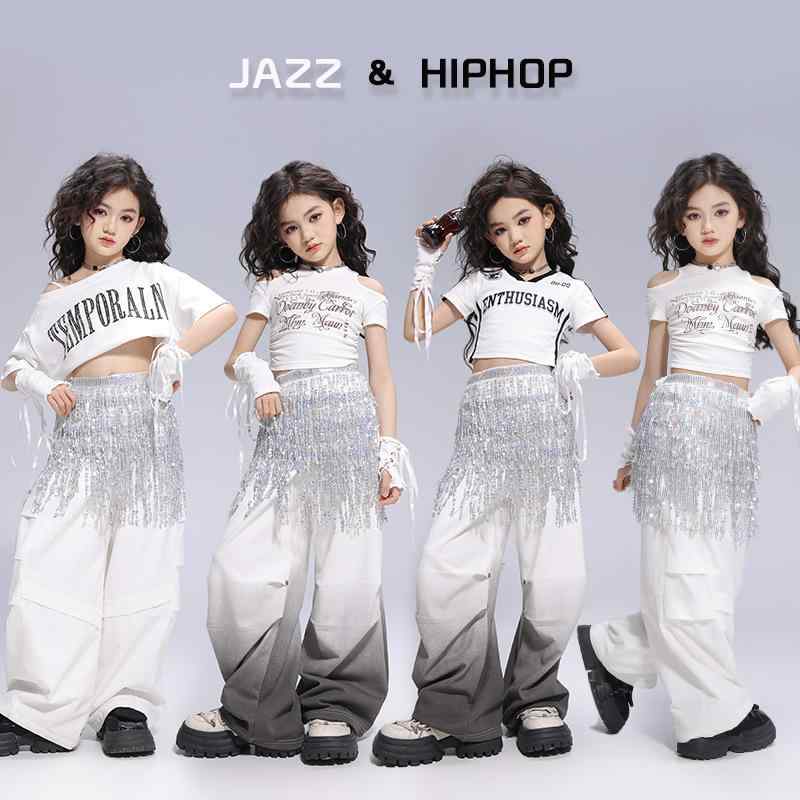 キッズ ガールズ ダンス衣装 ジャズ JAZZ ヒップホップ ストリート セットアップ 半袖 長ズボン 発表会 ステージ レッスン 練習着 コットン おしゃれ クール ホワイト ブラック