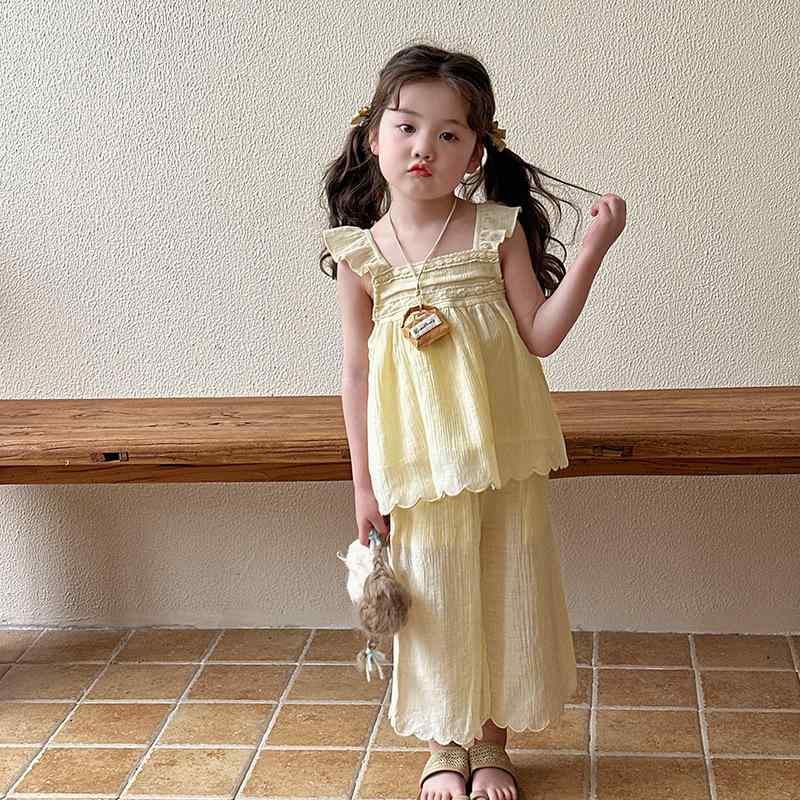 セットアップ 女の子 春夏 かわいい おしゃれ キャミソール ノースリーブ 九分丈パンツ 上下セット 2点セット 薄手 ポリエステル ソフトタッチ 普段使い お出かけ着