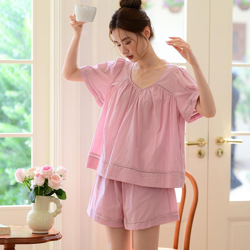 パジャマ レディース 女性用 春夏 ゆったり リラックスフィット 半袖 ショートパンツ セットアップ ルームウェア 部屋着 ワンマイルウェア コットン 綿 織り綿 快適 高級感
