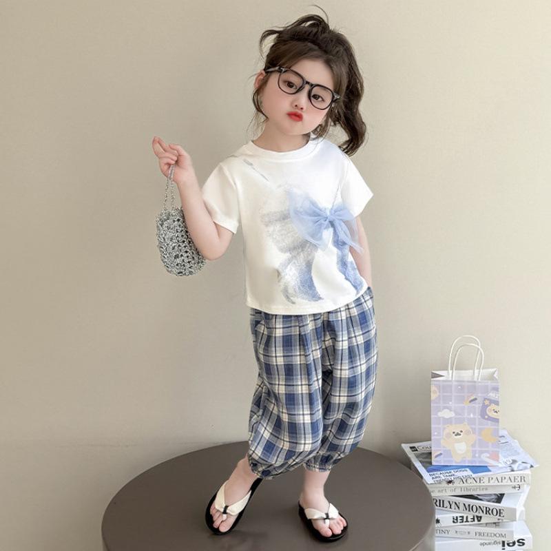 セットアップ 女の子 キッズ 半袖Tシャツ トップス ゆったり カジュアル 薄手 綿素材 チェック柄 ストレートパンツ ボトムス 普段使い 部屋着 快適 春夏 2点セット