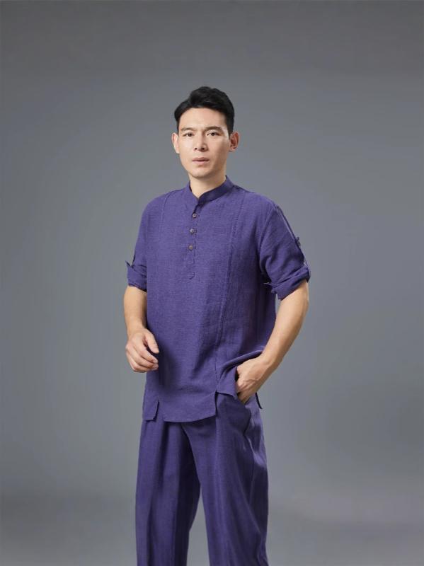 セットアップ メンズ 男性用 Tシャツ ロングパンツ 麻 リネン 再生繊維 接触冷感 吸湿速乾 通気性 アジアンテイスト リラックス カジュアル ゆったり 春夏 上下セット