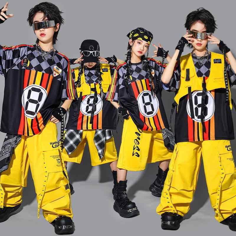 キッズ ダンス衣装 男の子 ヒップホップ ストリート系 ベスト セットアップ ドラム 発表会 ステージ衣装 ポリエステル素材 ショートパンツ ロングパンツ イエロー系 夏 レッスンウェア