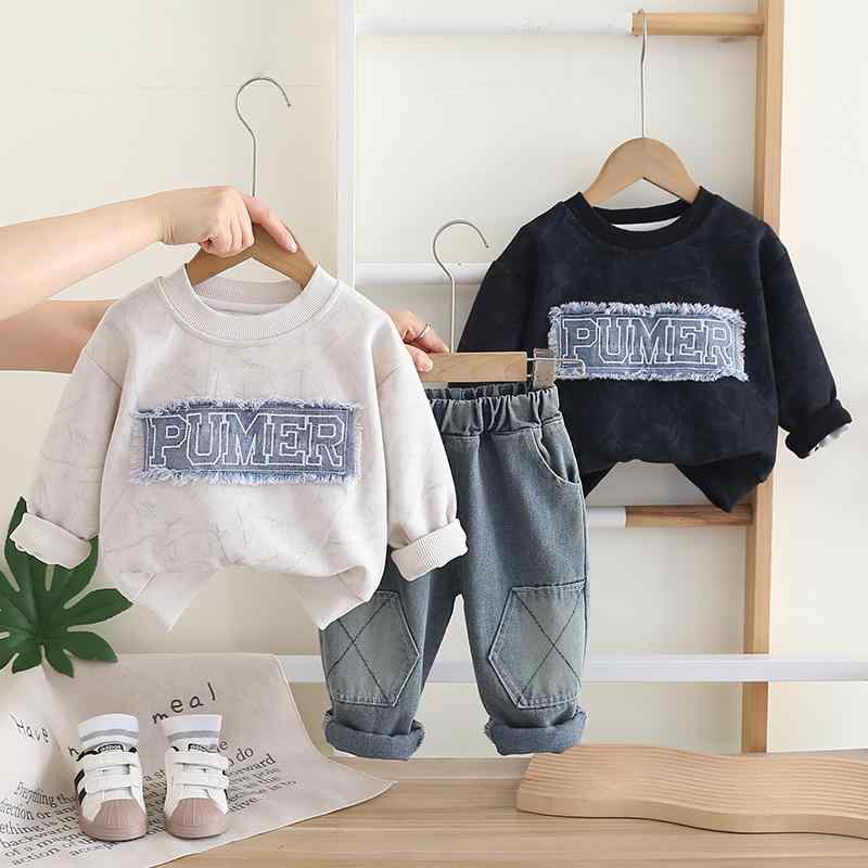 セットアップ 男の子 ベビー キッズ 幼児 綿 コットン 春秋 アップリケ ワッペン おしゃれ かっこいい 長袖トップス ロングパンツ 2点セット 普段着 通園 お出かけ ベージュ ブラック