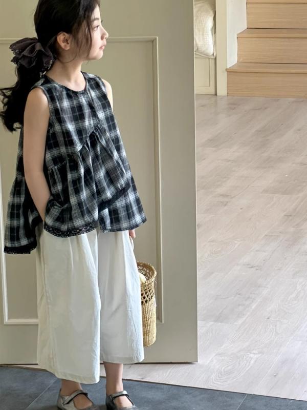 セットアップ キッズ 女の子 ノースリーブ トップス ワイドパンツ 7分丈 アシンメトリーチェック柄 親子リンク 上下2点セット 夏 綿 コットン 韓国風 カジュアル かわいい お出かけ 普段使い
