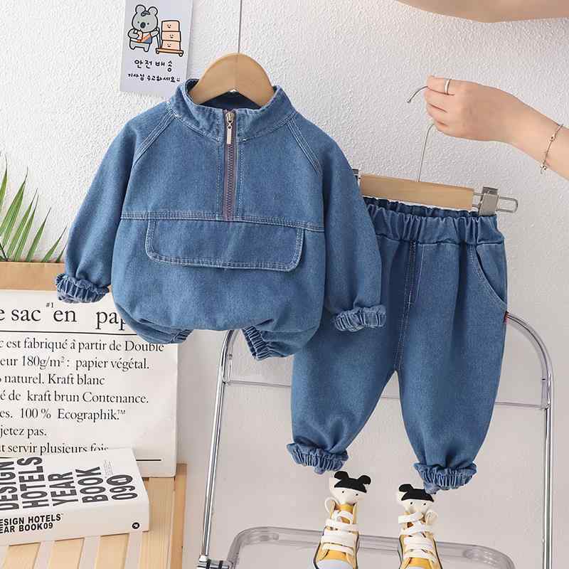 キッズ セットアップ 男の子 1-5歳 秋服 無地 スタンドカラー 襟付き ハーフジップ デニム 綿素材 長袖 長ズボン 薄手 2点セット 上下セット ブルー カジュアル 普段使い