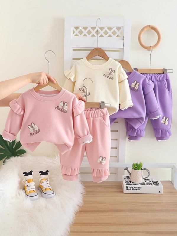 キッズ ベビー 女の子 春秋 スウェットトップス うさぎ キャラクター リボン セットアップ パンツ 長袖 綿混 柔らかい カジュアル ピンク アイボリー
