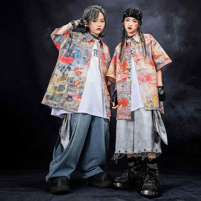ダンス衣装 キッズ 男の子 女の子 ヒップホップ ストリートダンス カラフルシャツ セットアップ 綿素材 舞台 ステージ衣装 発表会 上下セット トレンドファッション