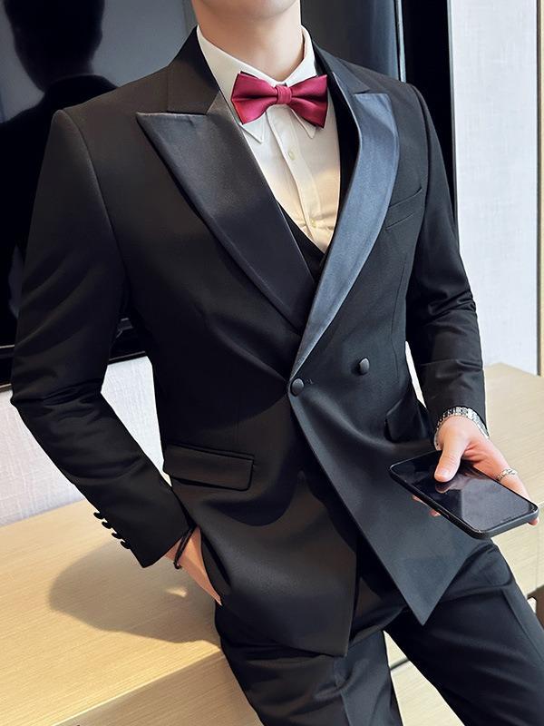 タキシード メンズ ダブルブレスト ピークドラペル スリーピーススーツ 結婚式 新郎 ゲスト用 ブラック スリムフィット スリムシルエット フォーマル 礼服 セットアップ