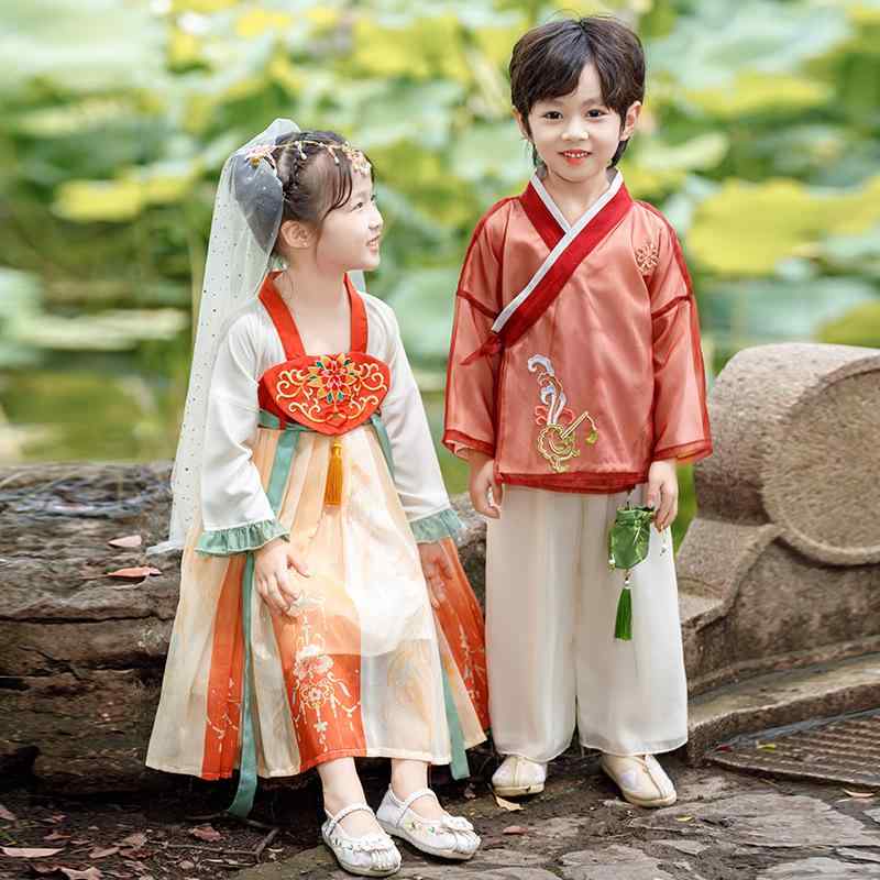 子供服 男の子 男児 幼稚園 小学生 スクール服 制服 長袖 中国風 古典 伝統衣装 国学服 唐装 漢服 舞台 発表会 パフォーマンス衣装 無地 ポリエステル 厚手 2点セット ツーピース