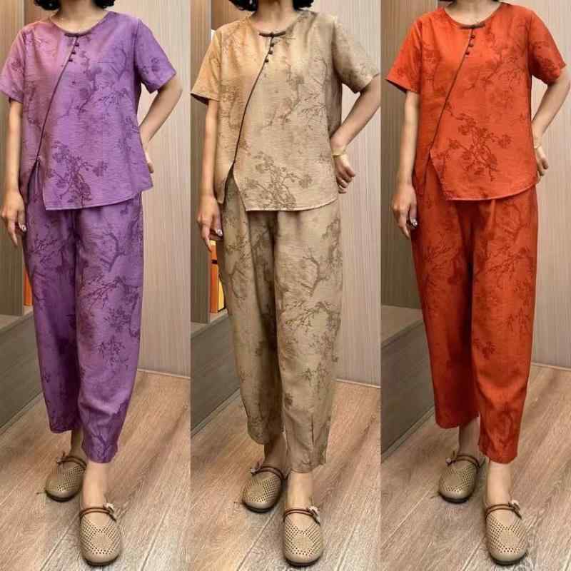 セットアップ レディース ママ ミセス 半袖Tシャツ パンツ 新中華風 チャイナ風 カジュアル リラックス ゆったり 大きいサイズ 上品 エレガント 花柄 プリント総柄 九分丈 春夏 ポリエステル素材