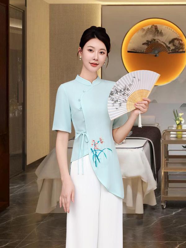制服 レディース エステ 赤ちょうちん 美容院 ひと休み 外科手術着 半袖 ズボン下 セットアップ 着痩せ 体型取りまかなう 窈窕たる 窈窕たる ポリエステル ライトグリーン 春夏
