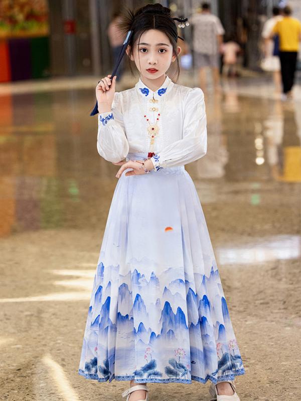 漢服 キッズ 女の子 子供 かわいい 華やか 馬面スカート 唐装 セットアップ 長袖 青花磁器柄 親子コーデ 綿混 再生繊維 春秋 中華風 民族衣装 お出かけ