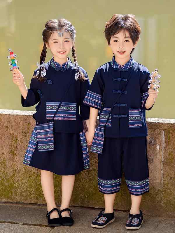 キッズ 民族衣装 男の子 女の子 漢服 唐装 チャイナドレス セットアップ 上下セット 広西 壮族 舞台 発表会 イベント 綿 コットン 柔らか素材 春秋