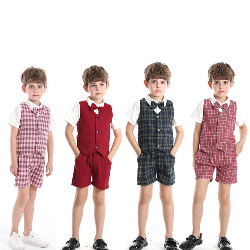 キッズ 男の子 男児 春夏 チェック柄 コットン ベスト ジレ ショートパンツ 3点セット 紳士 フォーマルスーツ 礼服 1歳誕生日 セレモニー 結婚式 発表会 韓国風 かわいい