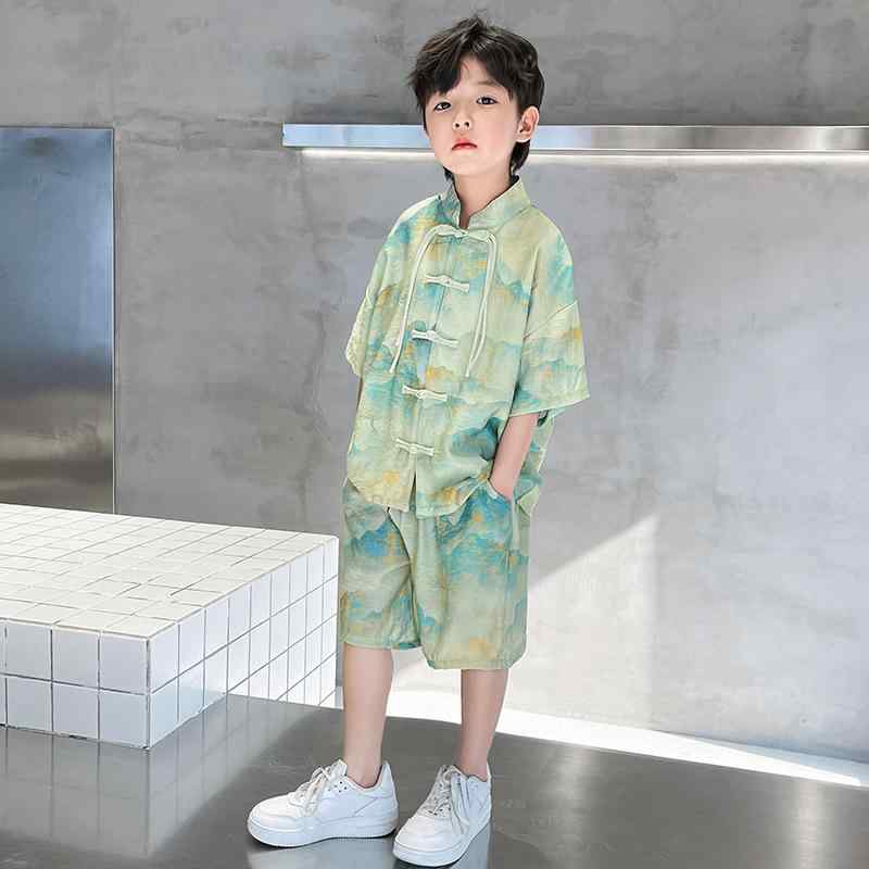 子供服 男の子 漢服 唐装 春夏 薄手 セットアップ 上下セット 半袖 ハーフパンツ 中国風 国潮スタイル 古典柄 レトロ 涼しい ポリエステル製 イベント 普段着 おしゃれ