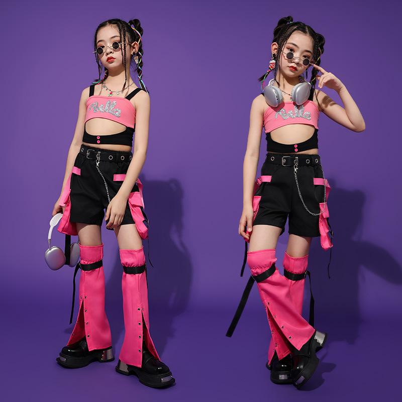 ダンスウェア キッズ 女の子 ガールズ ジャズダンス ヒップホップ ストリートダンス おしゃれ クール 発表会 ステージ レッスン セットアップ 綿 ピンク ブラック