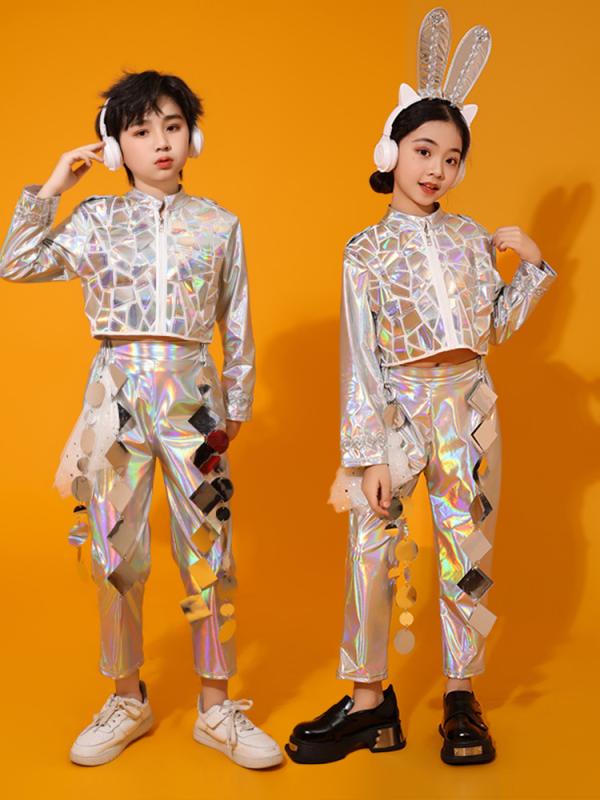 ダンス衣装 キッズ 男の子 女の子 ユニセックス シルバー メタリック ロボット メタバース SF風 テクノロジー 近未来 ジャズ ヒップホップ ストリートダンス ステージ 発表会 舞台 パフォーマンス コスチューム 上下セット