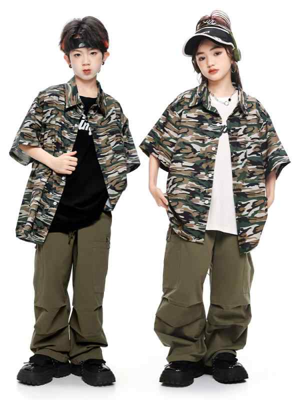 ダンス衣装 キッズ 男の子 女の子 ヒップホップ ストリート HIPHOP レトロ トレンド クール シャツ セットアップ 上下セット 春夏 ポリエステル 発表会 ステージ イベント