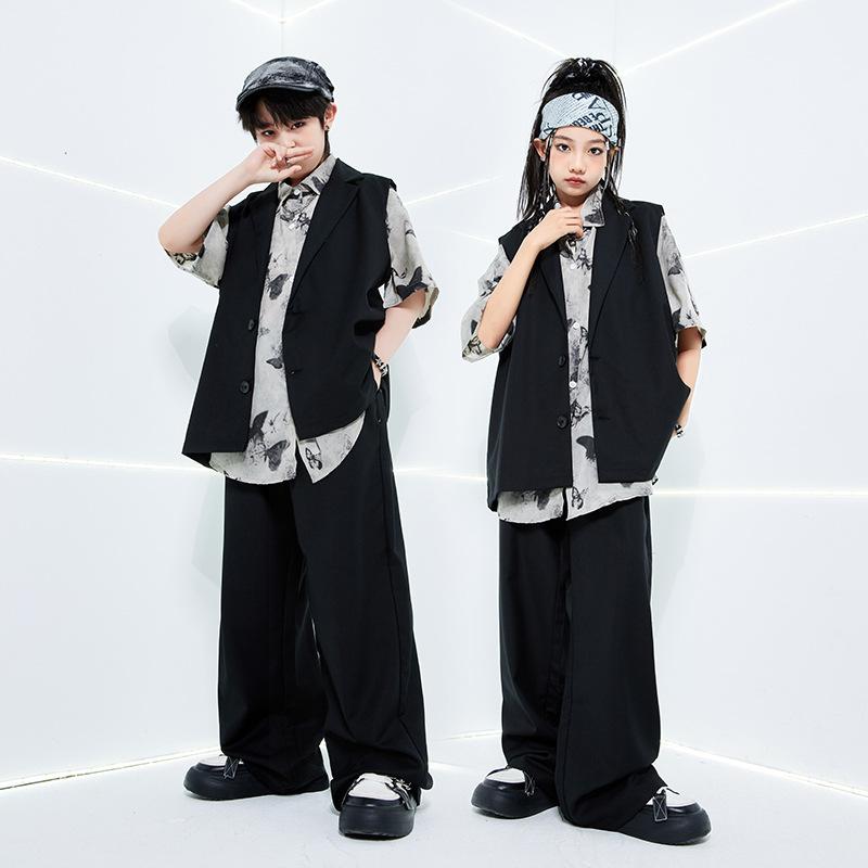 キッズダンスウェア 男女兼用 ヒップホップ ストリートダンス ジャズダンス 発表会 ステージ衣装 スーツ ベスト シャツ セットアップ アンサンブル 2点セット 3点セット ポリエステル 柔らかい肌触り 春夏