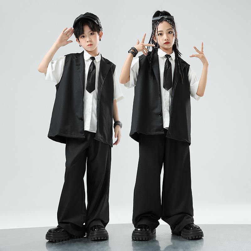ダンスウェア キッズ 男の子 女の子 ヒップホップ ストリート ジャズダンス 発表会 ステージ衣装 練習着 レッスン着 スーツ ベスト セットアップ おしゃれ 黒 ブラック