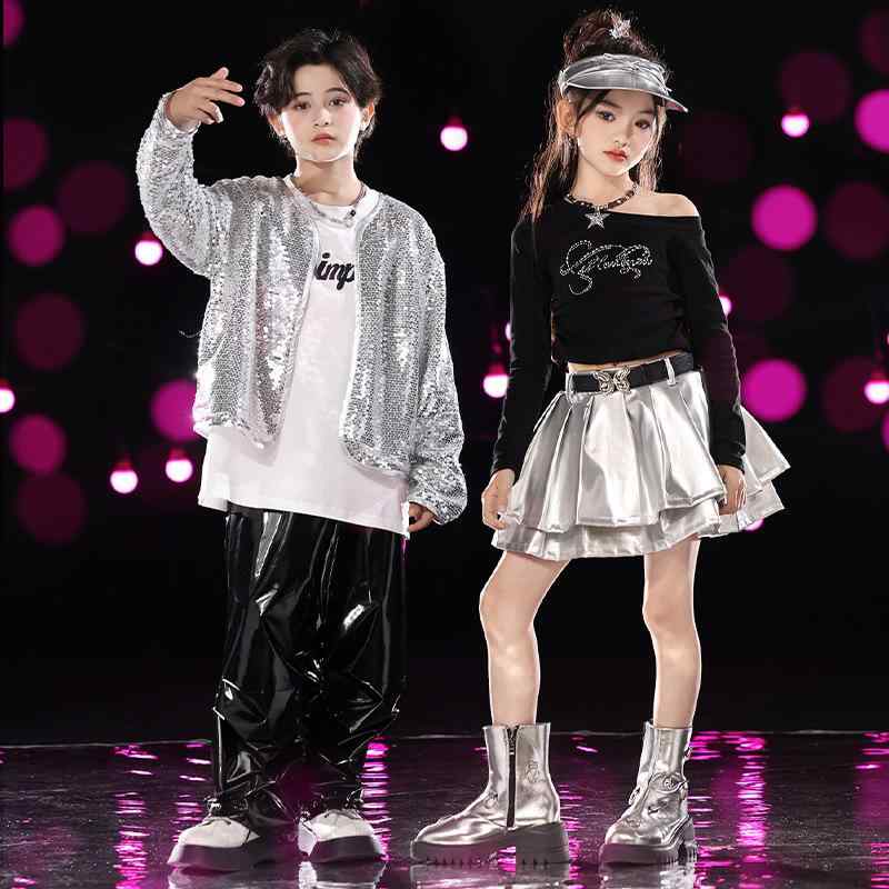 ダンス衣装 キッズ 男児 女児 ヒップホップ ストリート ジャズ スパンコール キラキラ ポリエステル 上下セット 発表会 ステージ イベント レッスンウェア 練習着