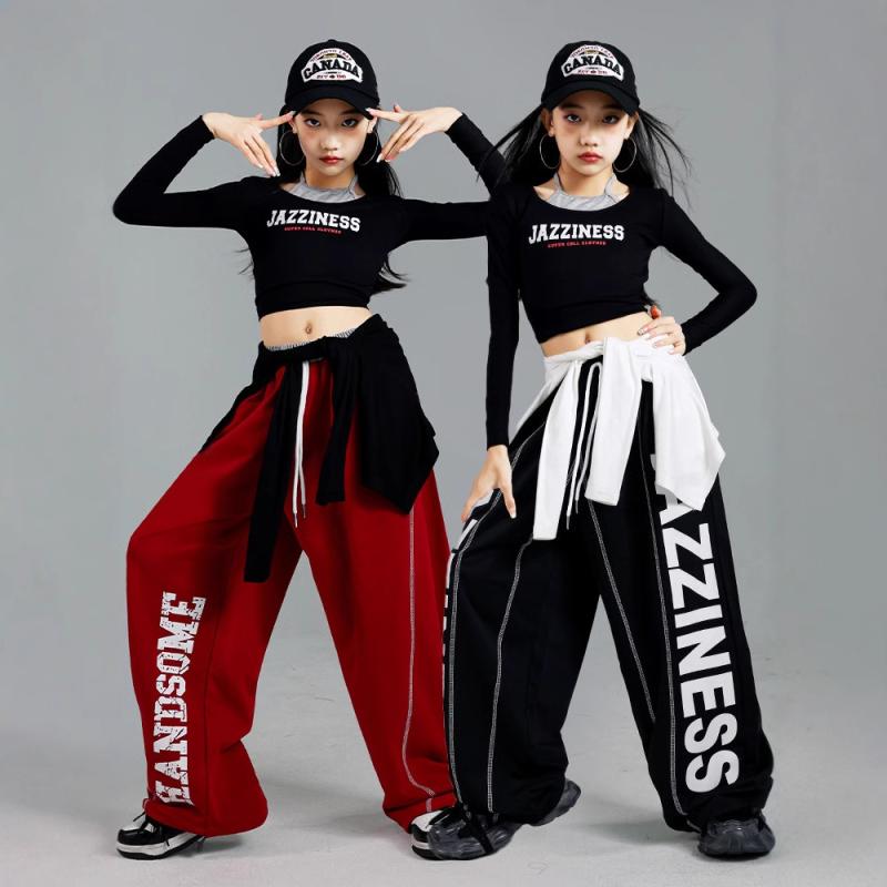 キッズ ダンスウェア 女の子 子供用 ジャズ ストリート ヒップホップ 長袖トップス セットアップ 練習着 レッスン着 発表会 ステージ 衣装 コスチューム ポリエステル 伸縮性 吸湿速乾 動きやすい トレンド カジュアル 春秋 ブラック レッド系