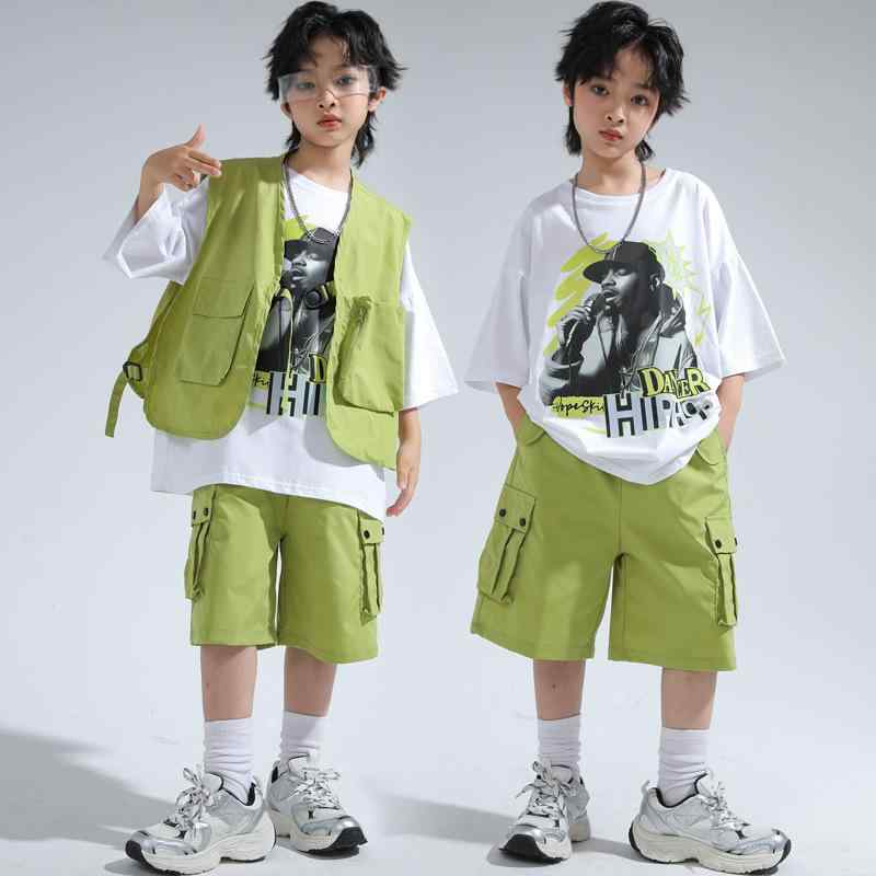 ダンス衣装 キッズ 男の子 ヒップホップ ストリート ステージ 発表会 イベント 春夏 かっこいい おしゃれ グリーン ベスト ショートパンツ セットアップ ポリエステル