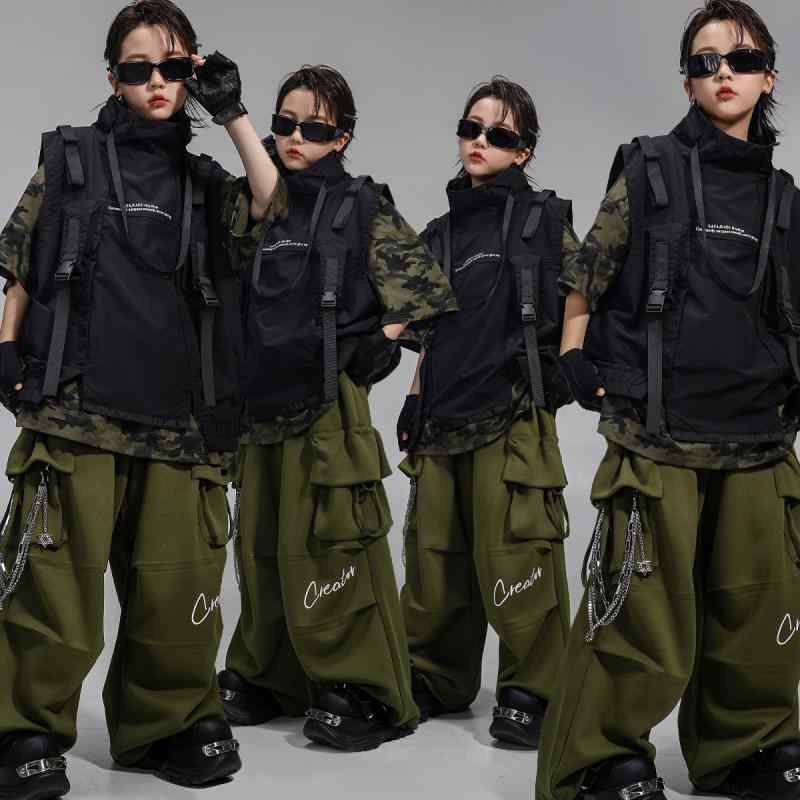 セットアップ 男の子 キッズ ストリートダンス ヒップホップ 発表会 衣装 迷彩柄 カモフラージュ 機能性 ベスト 伸縮性 クール スポーツ ストリートファッション